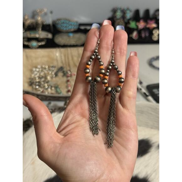 Native American Sterling Silver Navajo Pearl Orange Spiny Chandelier Earrings 4” - Picture 9 of 10